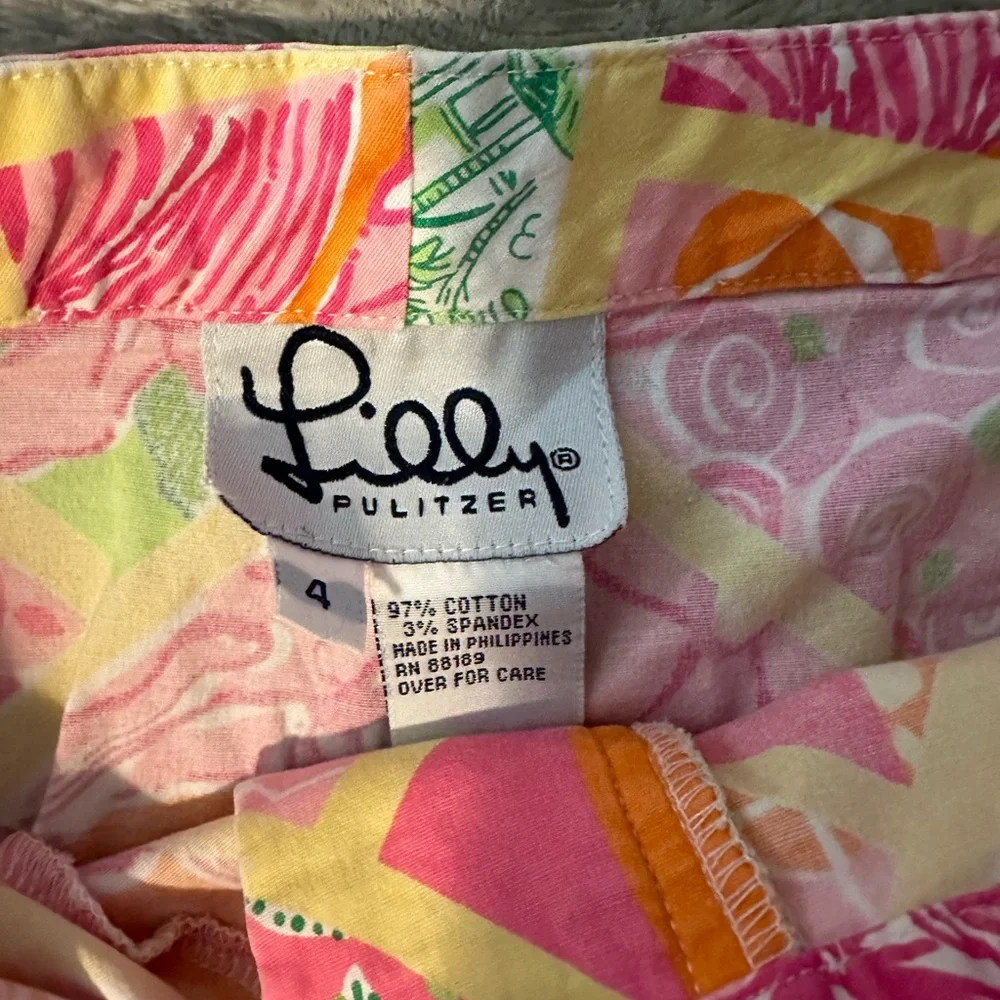 Lilly Pulitzer Sz 4 Vintage Patchwork Print Colorful‎ Casual Elegant Crop Pants - Picture 7 of 9